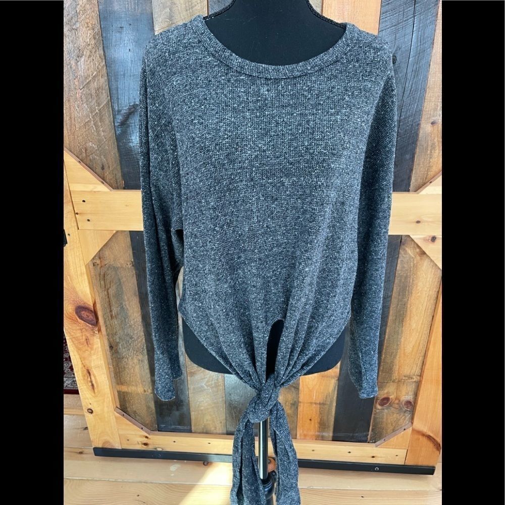 Zara long sleeved dark gray heathered knit tie front top, size M.